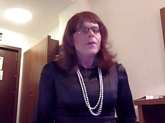 Transvestite masturbation in satin dress