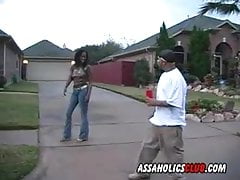 Pretty ebony girl gives a blowjob and rides
